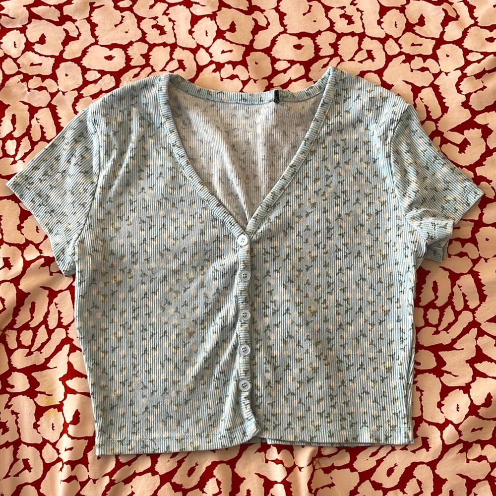 Blue shirt with white flowers button up